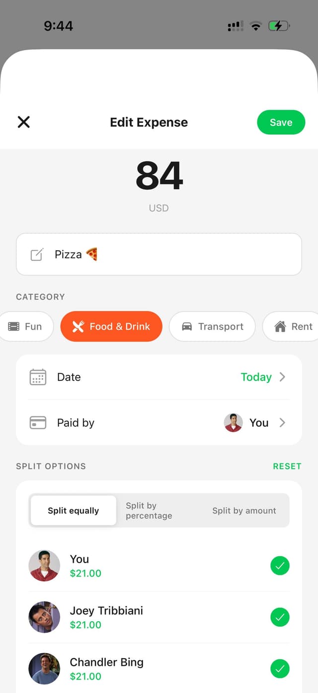 Add expense screen with split options