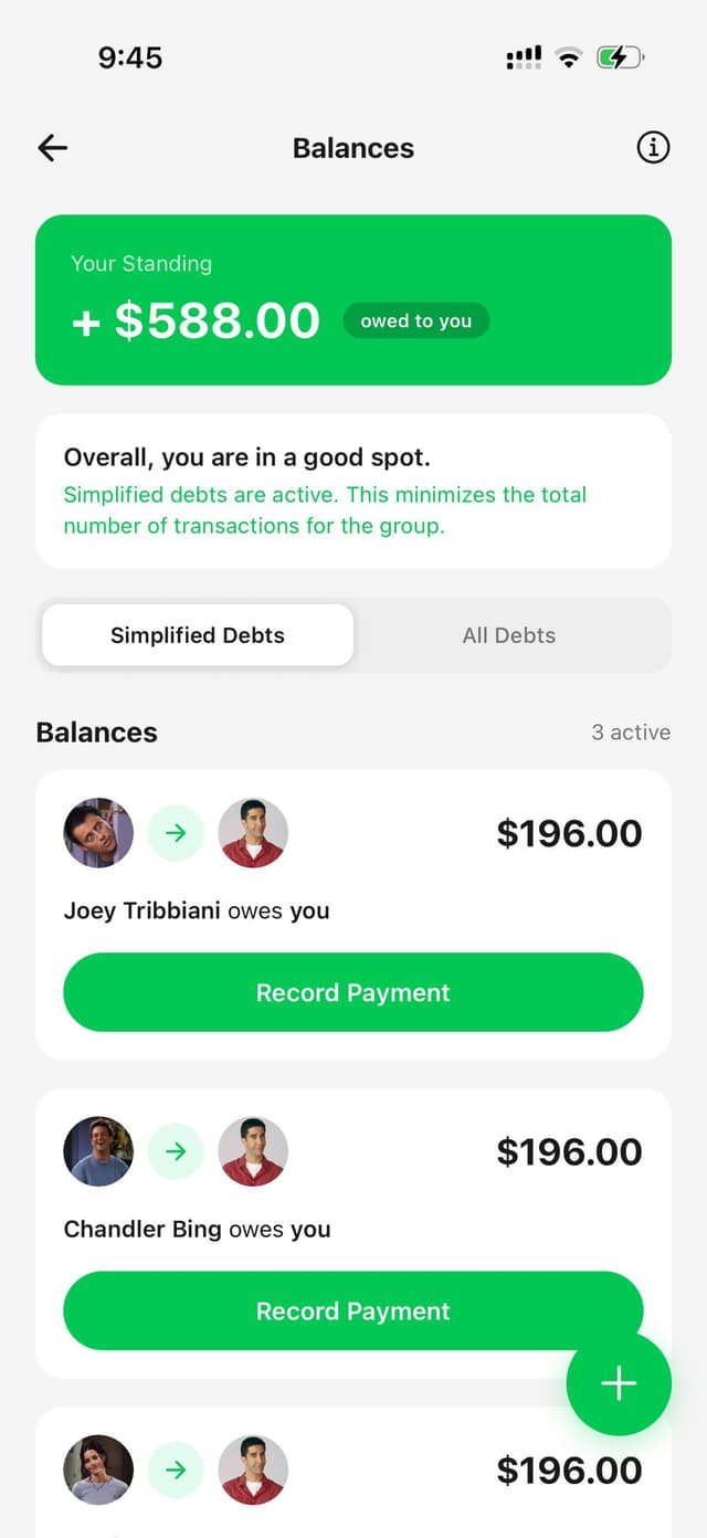 Balances screen showing who owes who